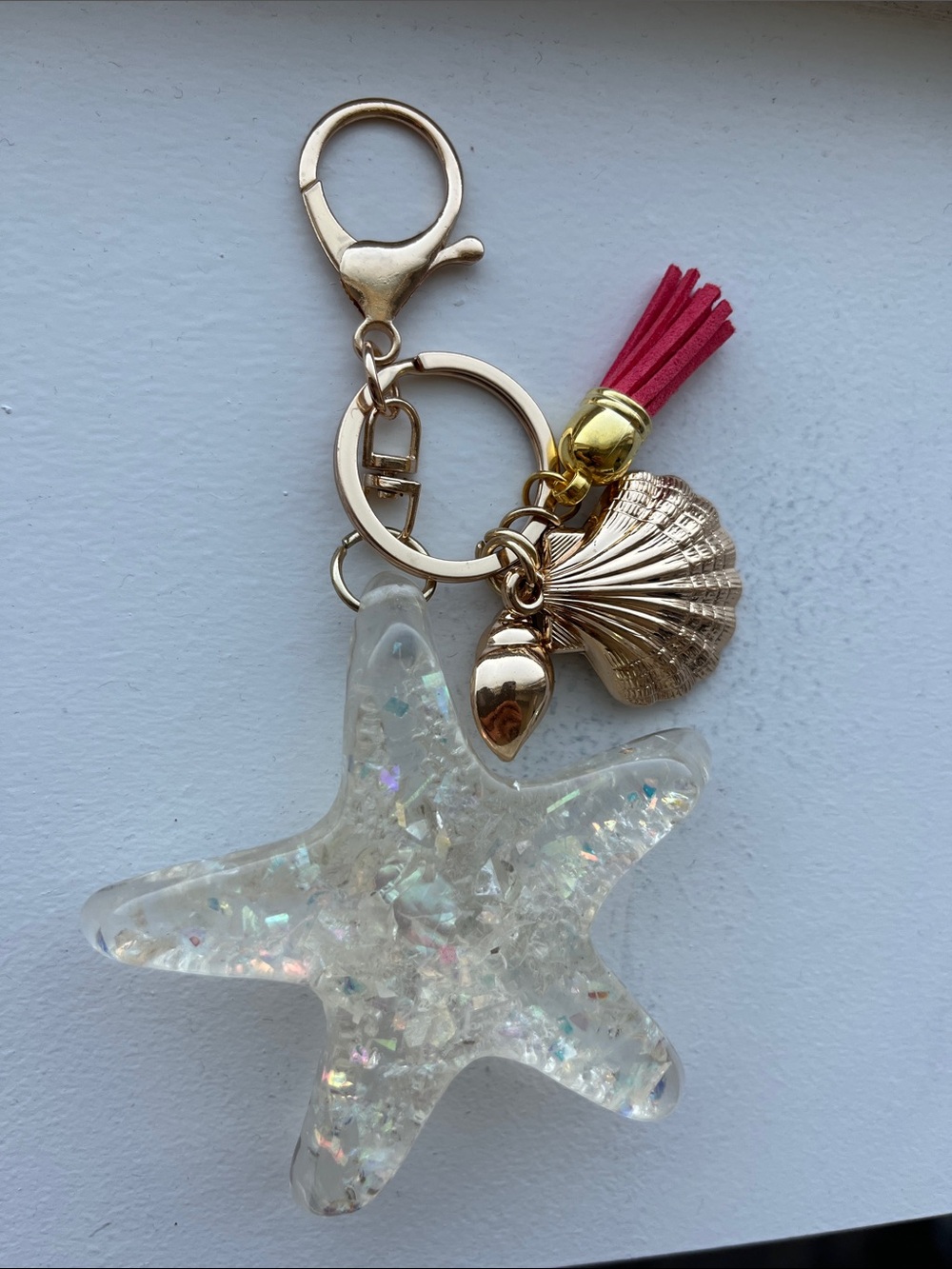 Iridescent Starfish Keychain with Gold Shell & Pink Tassel
